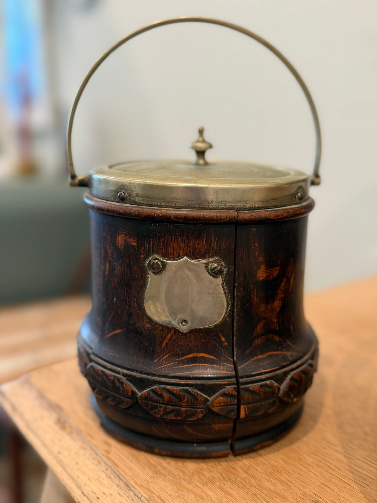 Antique English Oak Biscuit Jar